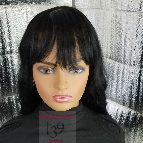 Sexy human hair wavy black wig with bangs